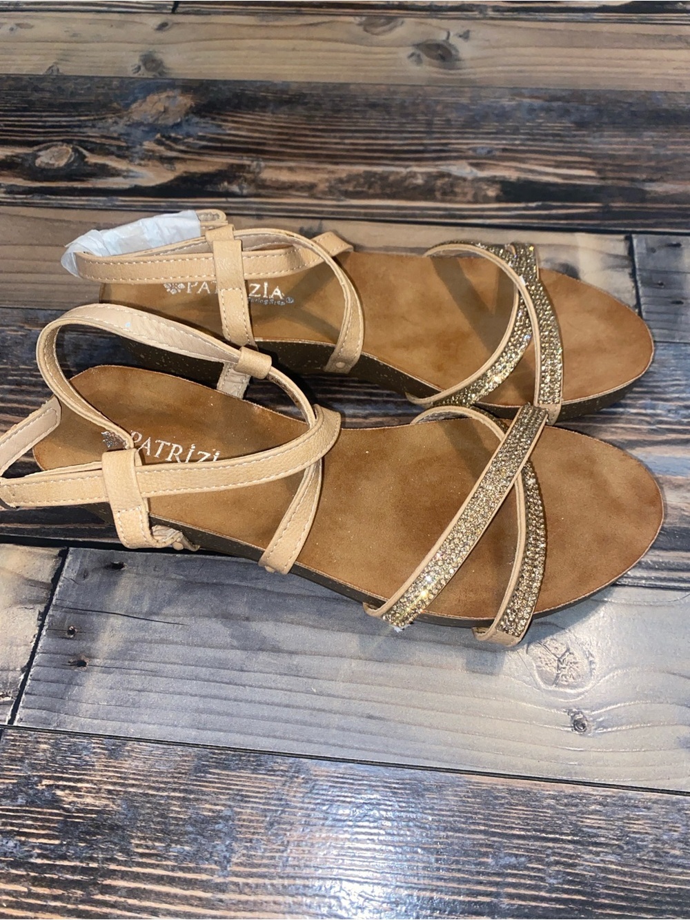 Patrizia by Spring Step Tan Rhinestone Glitter Strappy Women's Sandals